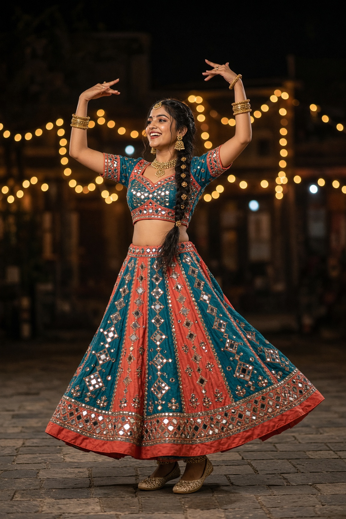 Young Gujarati woman in teal chaniya choli with arms raised in Garba